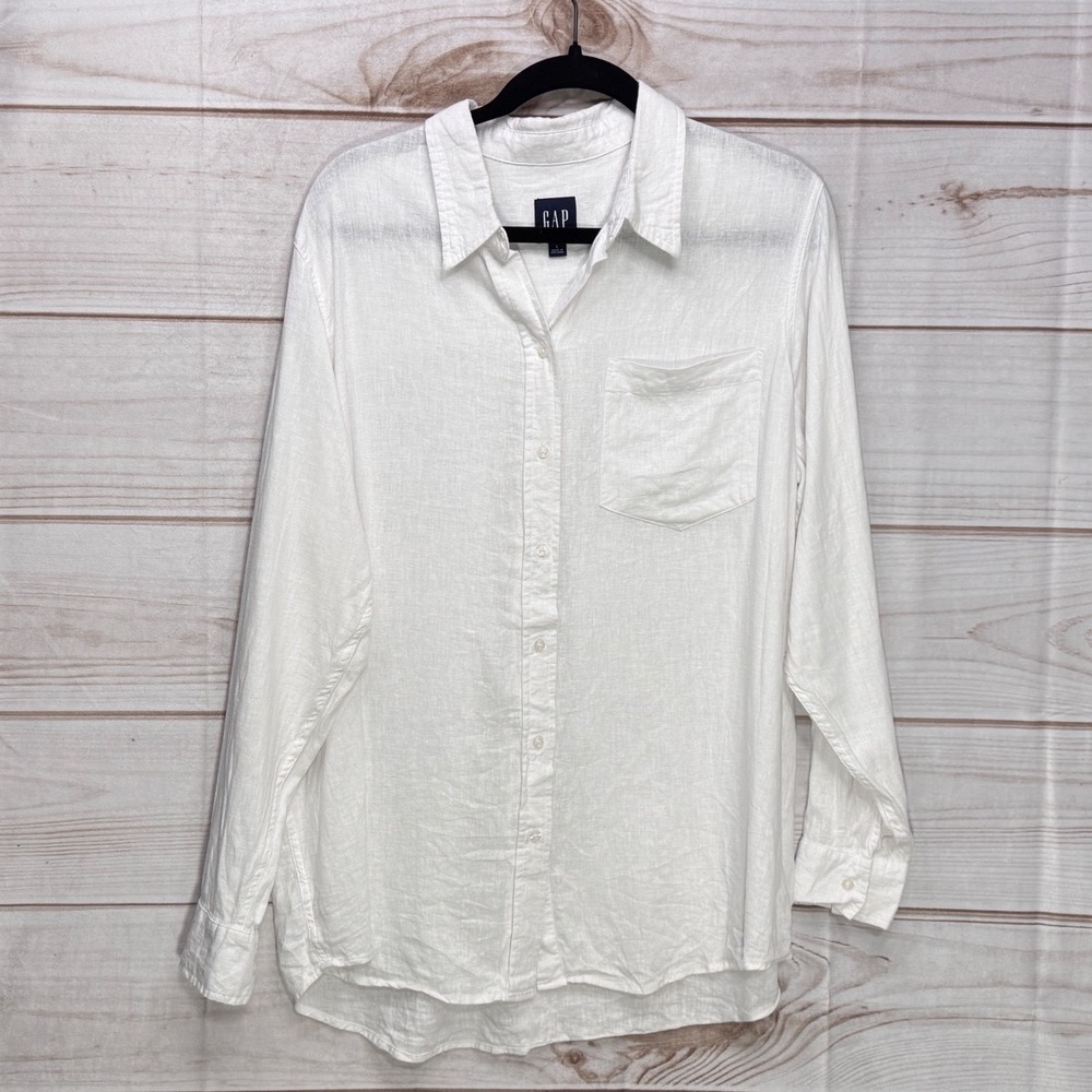 Gap Button Up Women Large White Coastal Core Linen Blend Long Sleeve Pocket